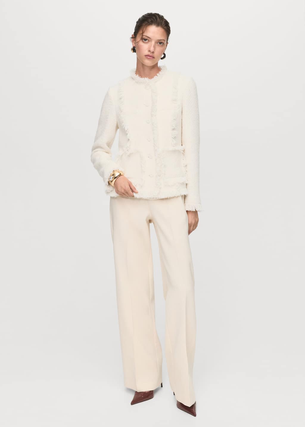 Mango Tweed Jacket With Frayed Ends Off White In White