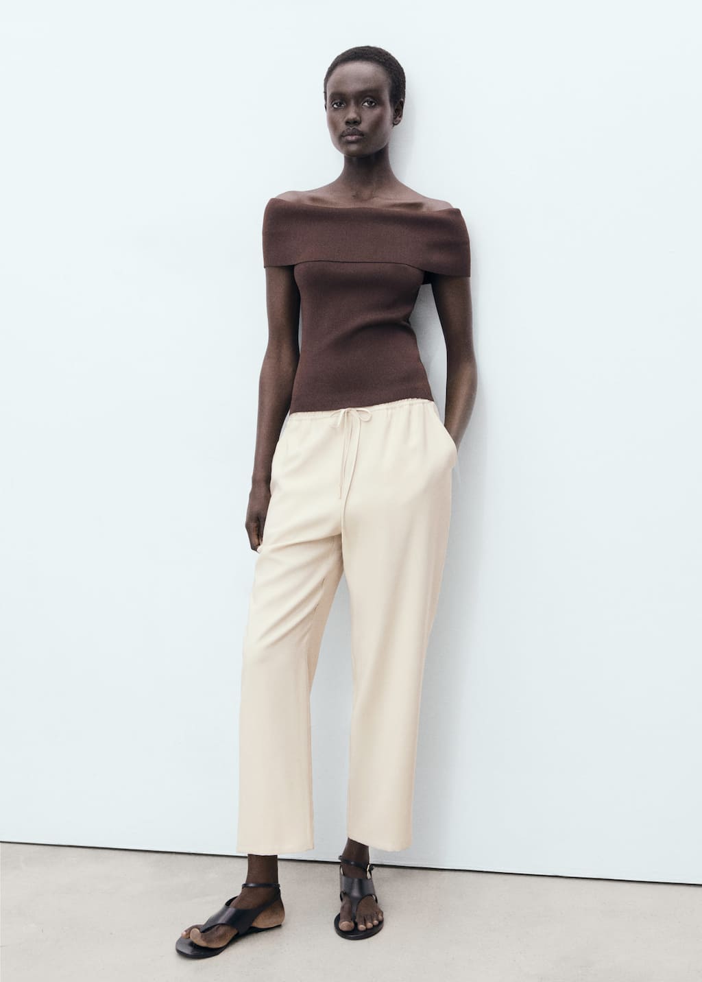 Mango Drawstring Flowy Trousers Beige