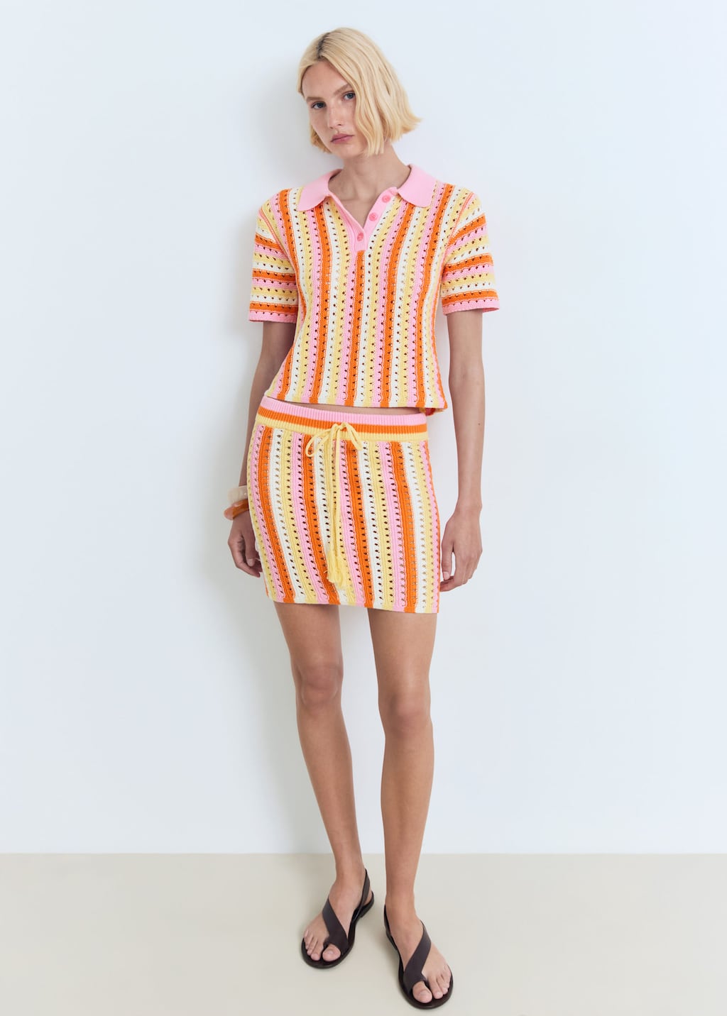 Mango Two-tone Striped Crochet Skirt Pink In Multi