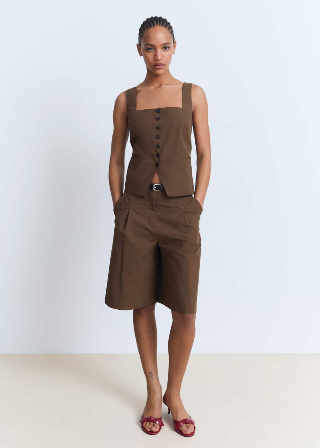 Mango Bermuda Costume Coton Marron - Femme - 40 - In Brown