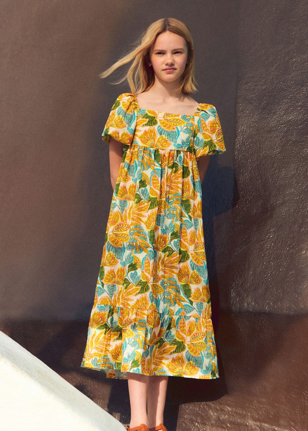 Mango Leaf Print Dress Mustard