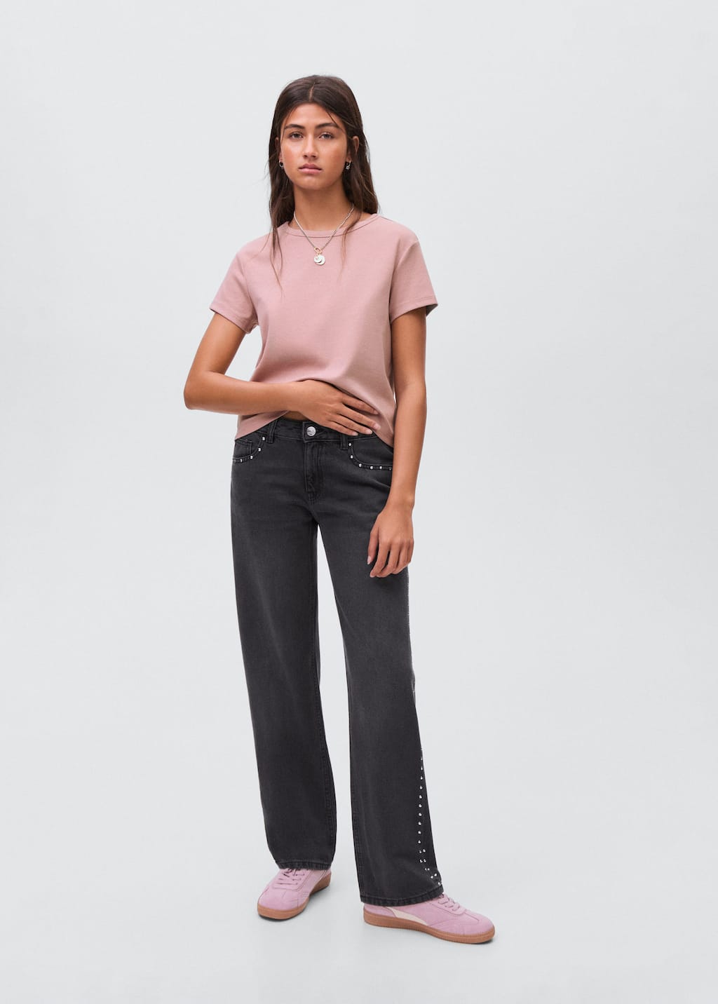 Mango Teen Jean Straight-fit Clouté Black Denim - Fille - Xs - In Black