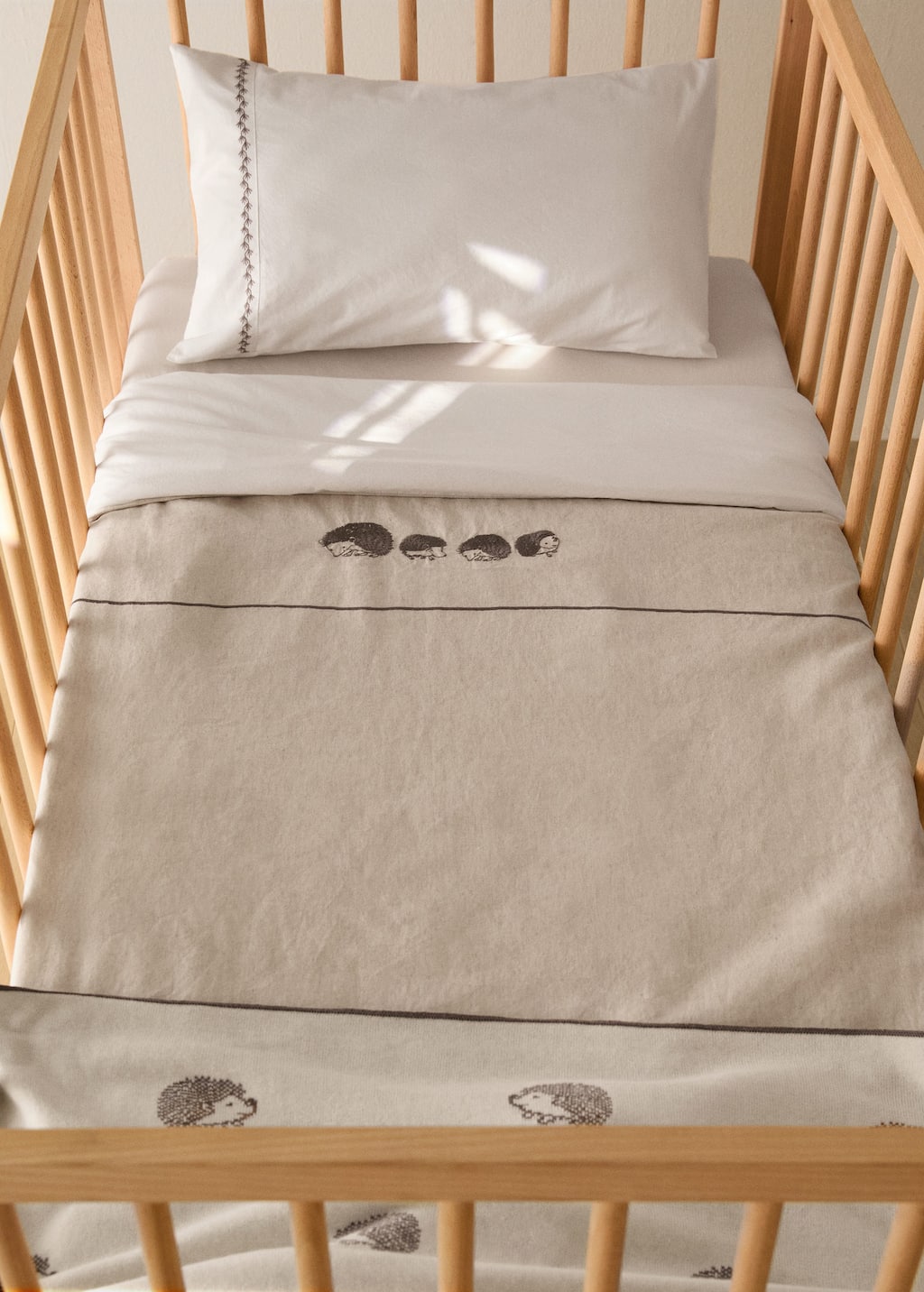 Cotton linen embroidered hedgehog cot duvet cover