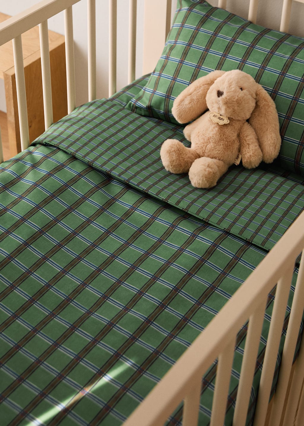 Mango Home Reversible Cotton Percale Duvet Cover For Cribs, Checkered Pattern Green In Green