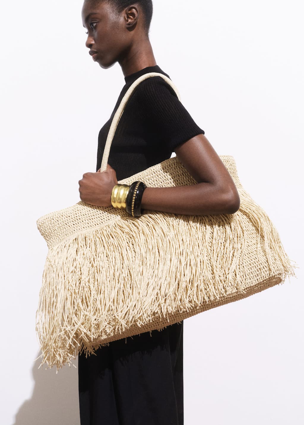 Mango Natural Fiber Shoulder Bag With Fringes