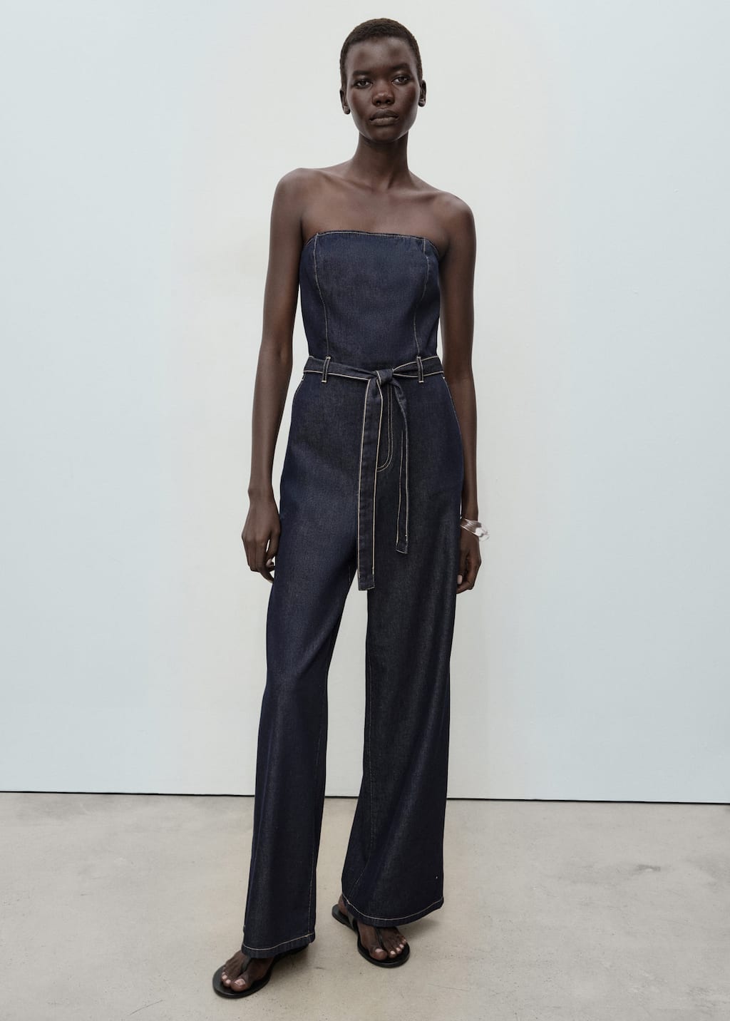 Mango Bandeau Belted Denim Jumpsuit In Blue