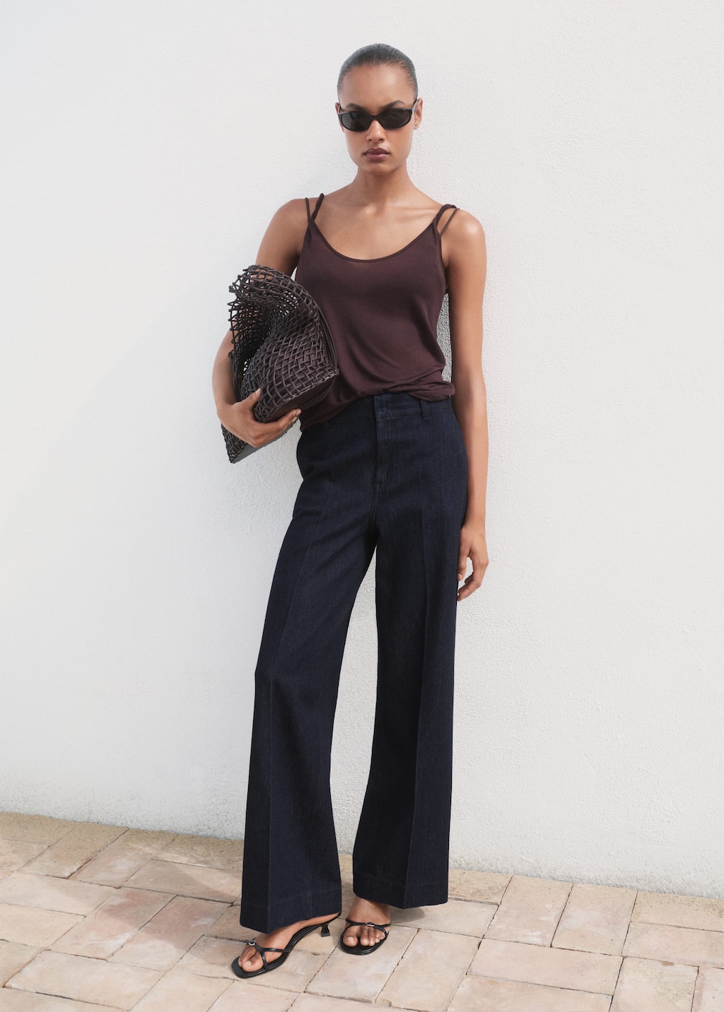 Mango High-waisted Wideleg Denim Trousers Open Blue In Burgundy