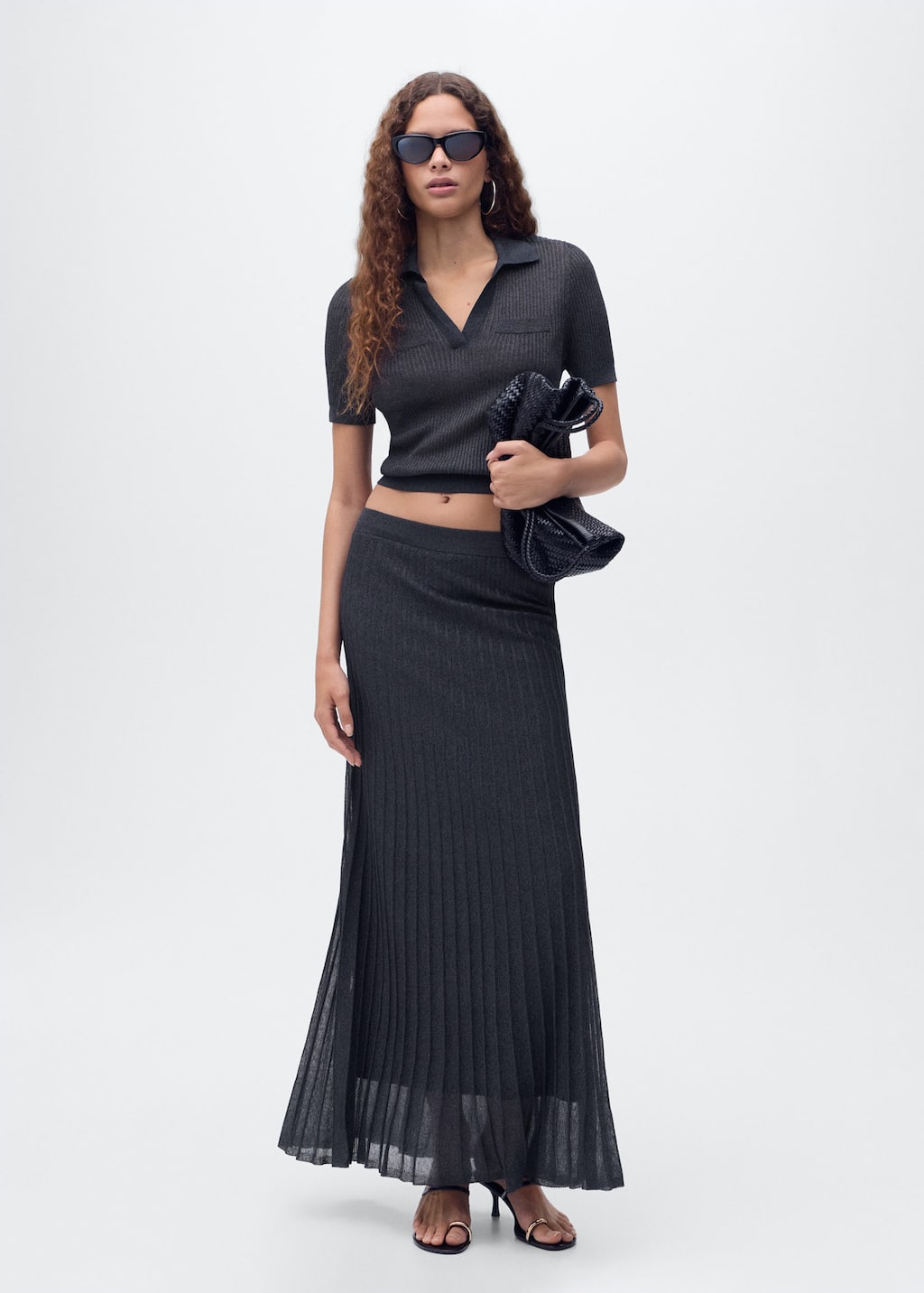 Mango Jupe Plissée Maille Lurex Bleu Marine - Femme - Xl - In Black