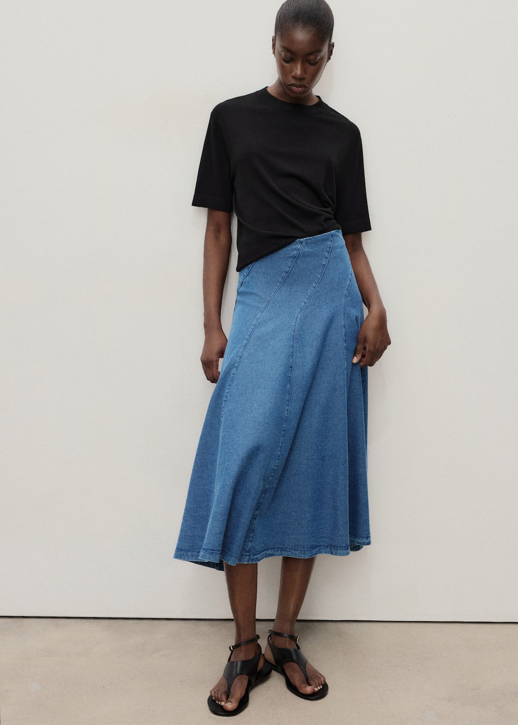 Mango Denim Midi-skirt With Stitching In Blue