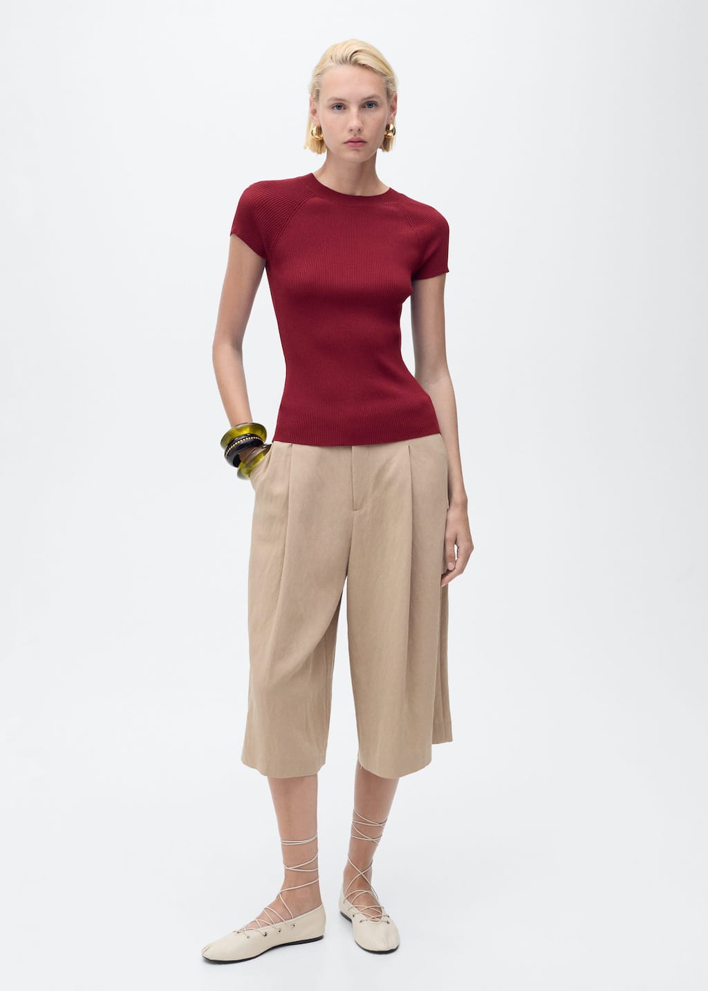 Mango Ribbed Knit Short-sleeve Jumper Red In Burgundy