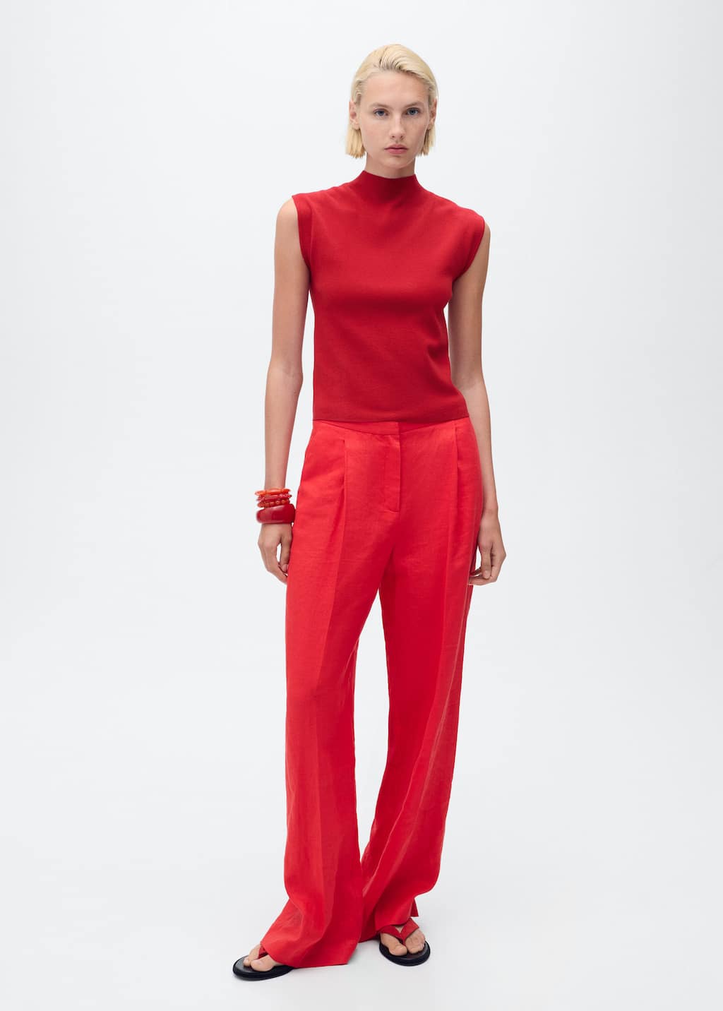 Mango Perkins-neck Knitted Top In Red