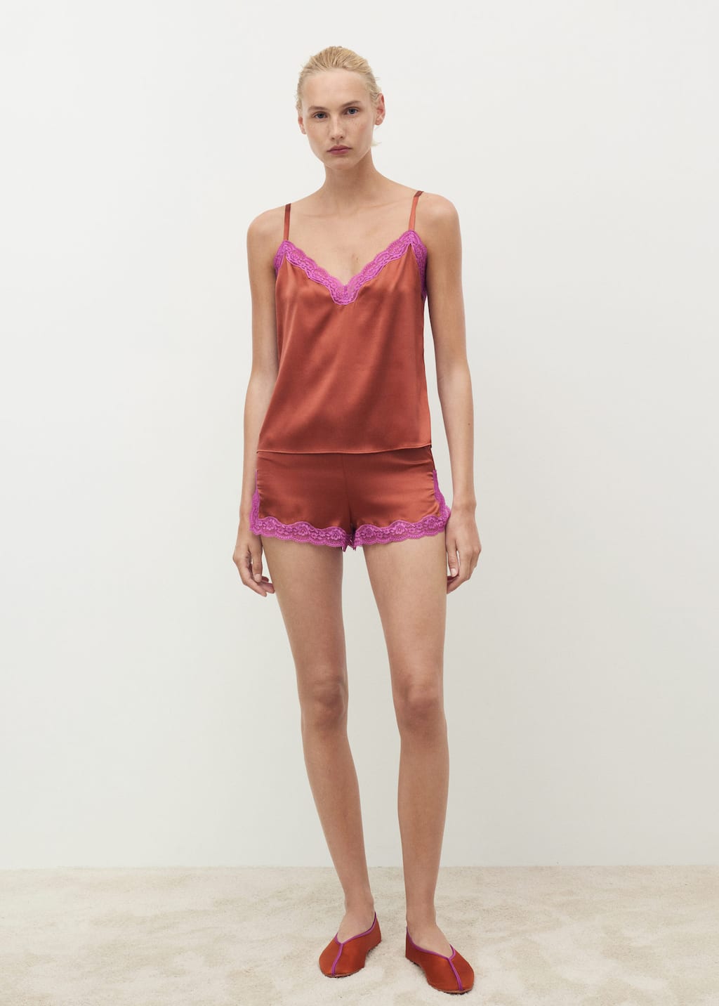 Mango Silk Shorts With Contrasting Lace Trim Brown In Multi