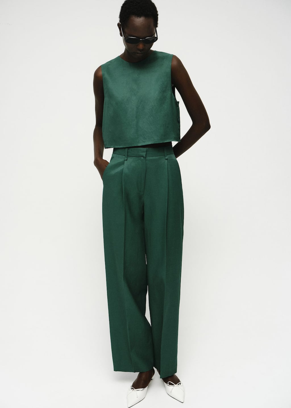Mango Pantalon De Costume Droit Lin Mélangé Vert - Femme - 46 - In Green