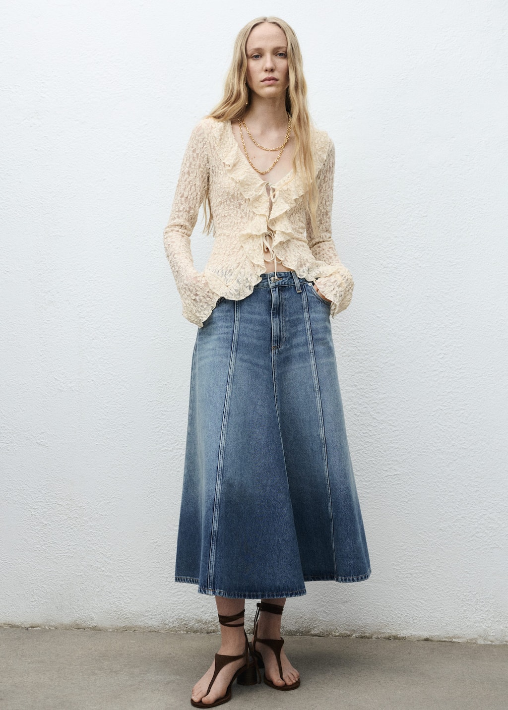 Mango Lace Blouse With Ruffles Ecru In Blue