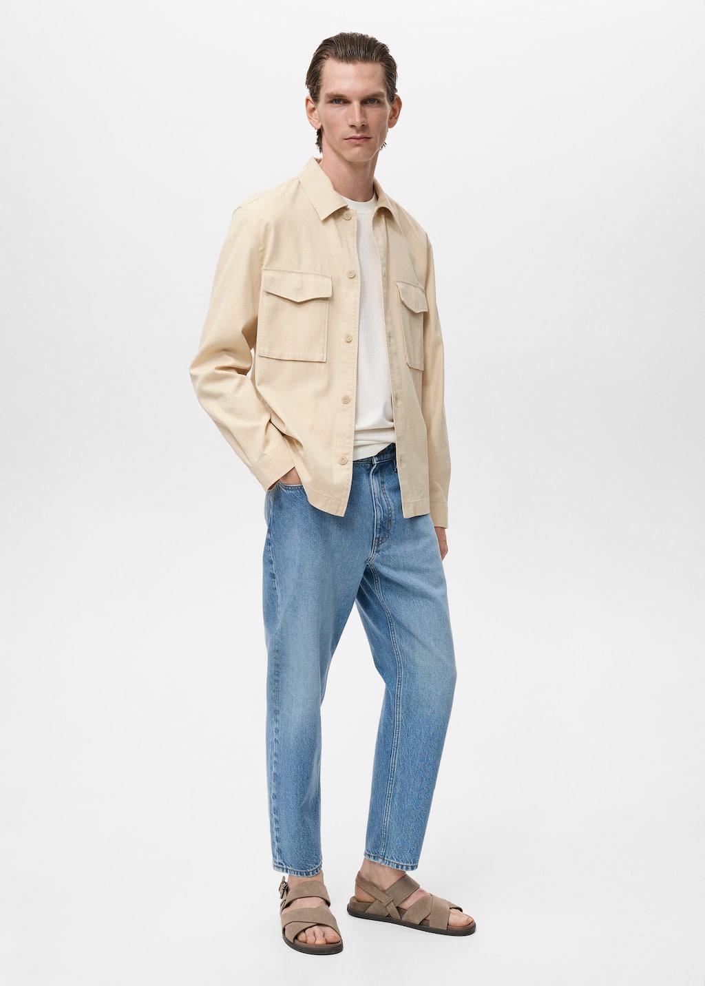 Mango Man Straight Cotton Jacket With Buttons In Sand