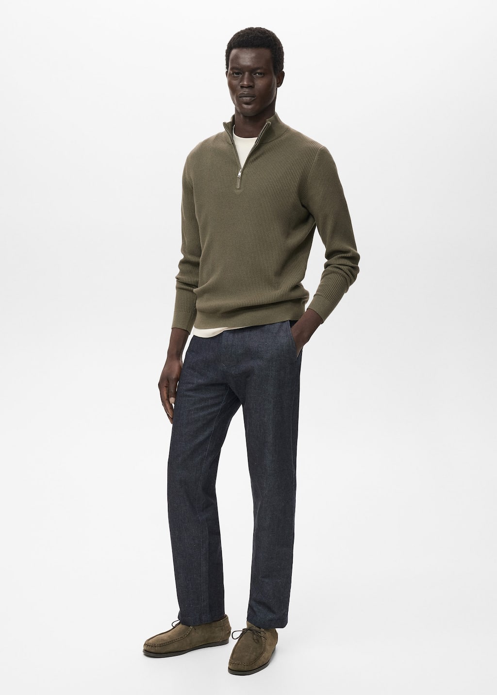 Mango Man Pull-over Maille Côtelée Col Zippé Olive - Homme - L -  In Green