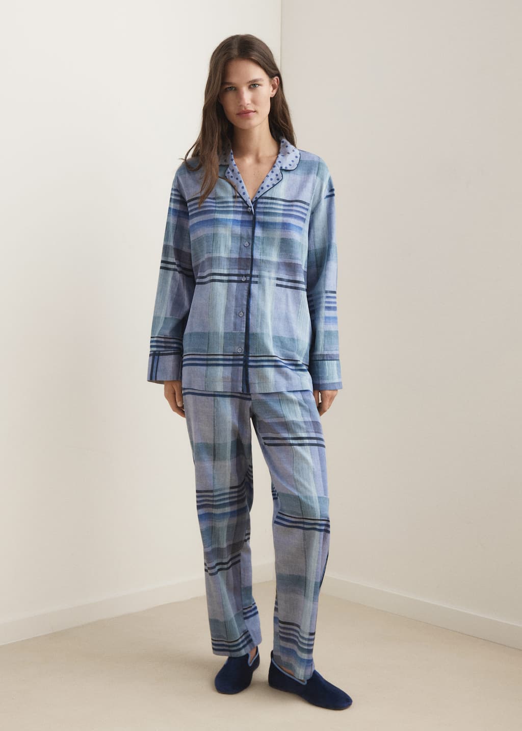 Mango Printed Pyjama Trousers With Piping Ink Blue In Blue