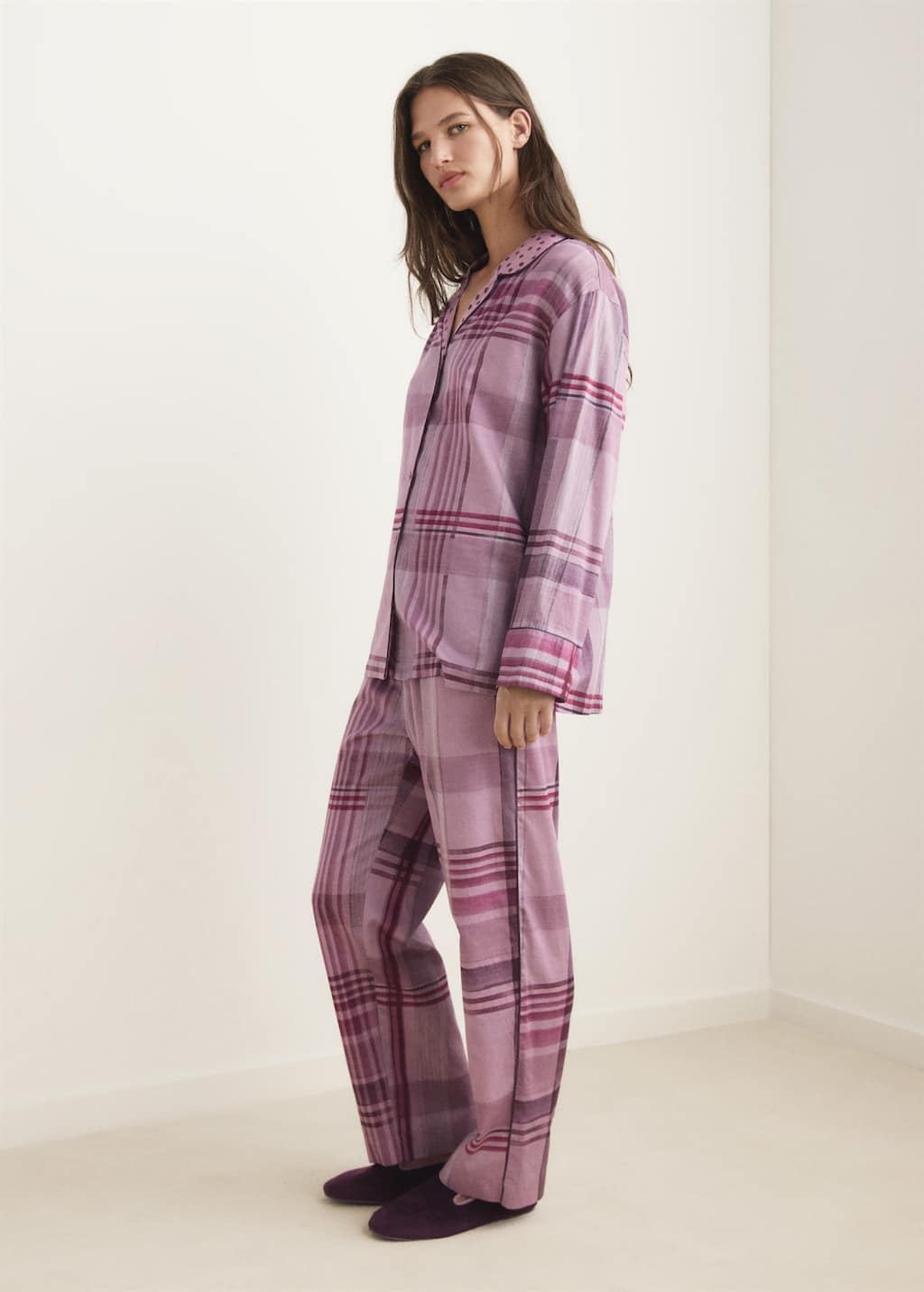 Mango Printed Pyjama Trousers With Piping Plum In Purple