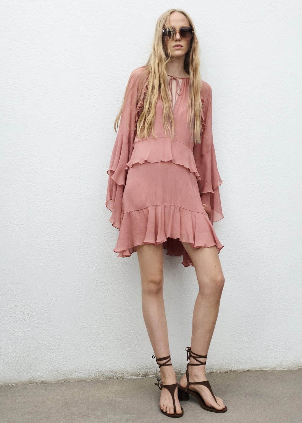 Mango Robe Courte À Volants Rose - Femme - L - In Pink