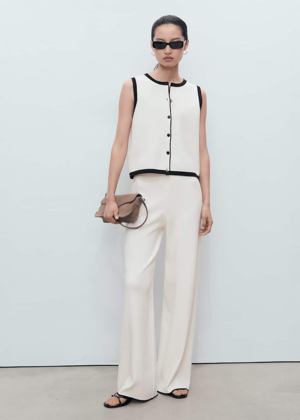Mango Low Rise Contrast Hem Knit Pants In Sand