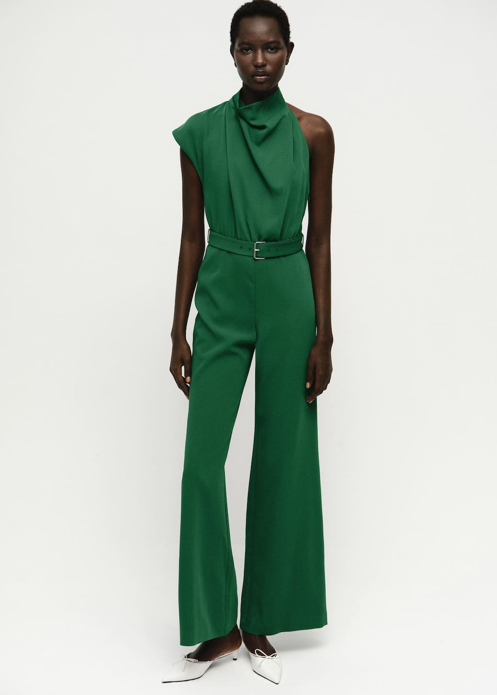 Mango Asymmetrical Long Jumpsuit With Belt Green Apple In Green