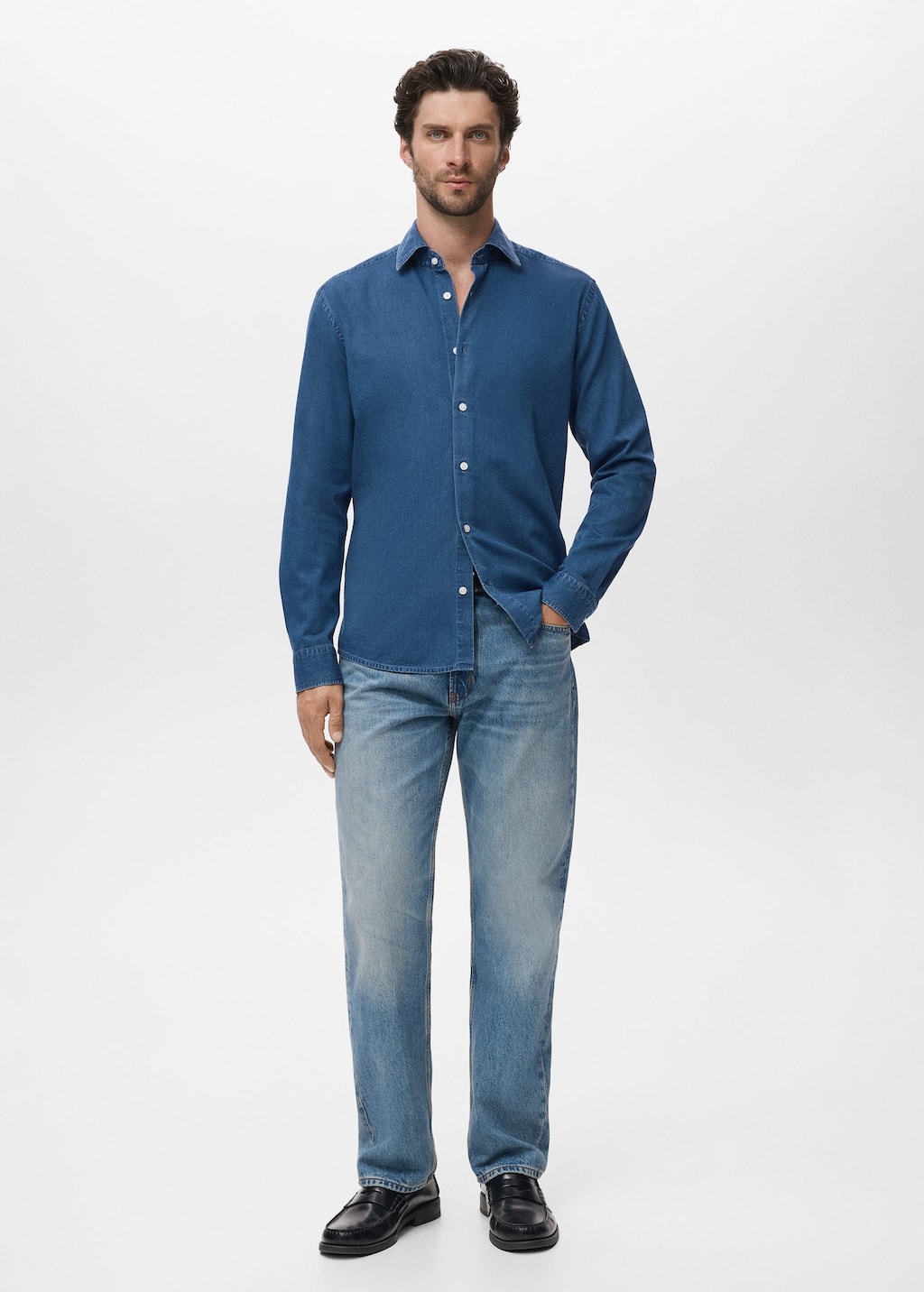 Mango Man 100% Cotton Chambray Shirt Medium Blue In Blue