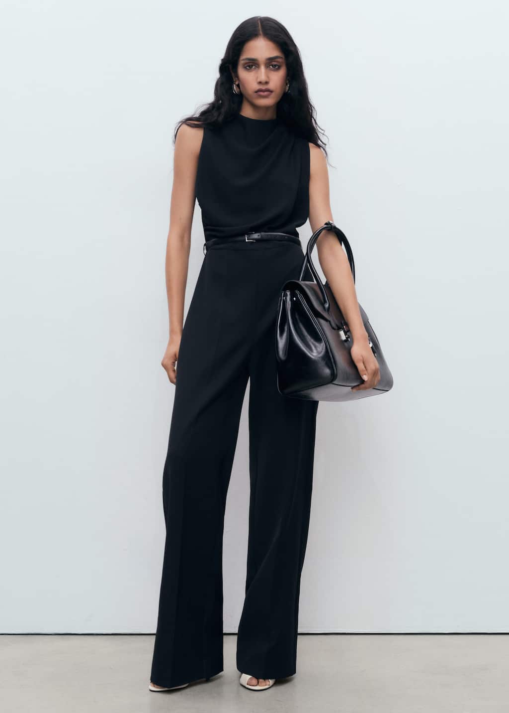 Mango Long Jumpsuit With Draped Neck And Belt Black In Black