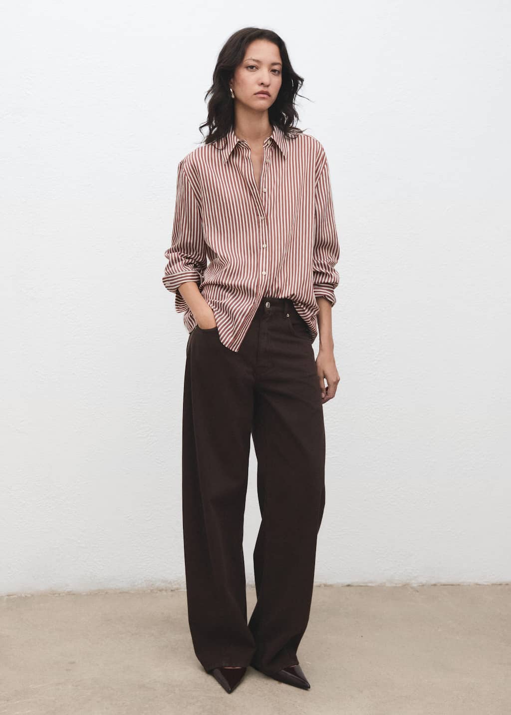 Mango Striped Straight Shirt Brown In Brown