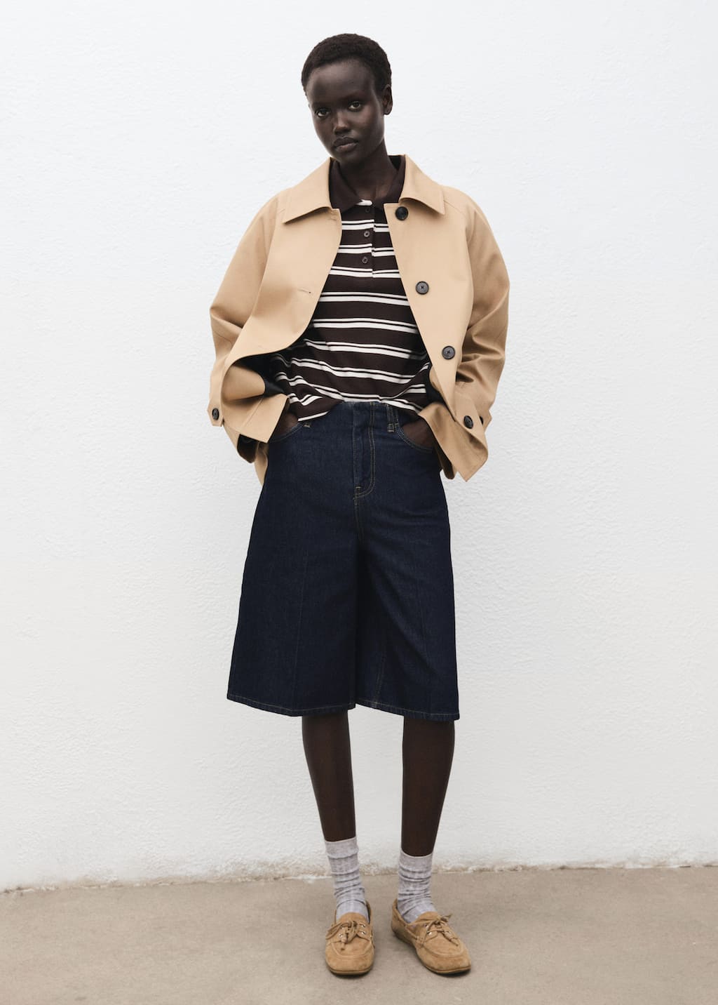 Mango Striped Polo-neck T-shirt Brown In Nude