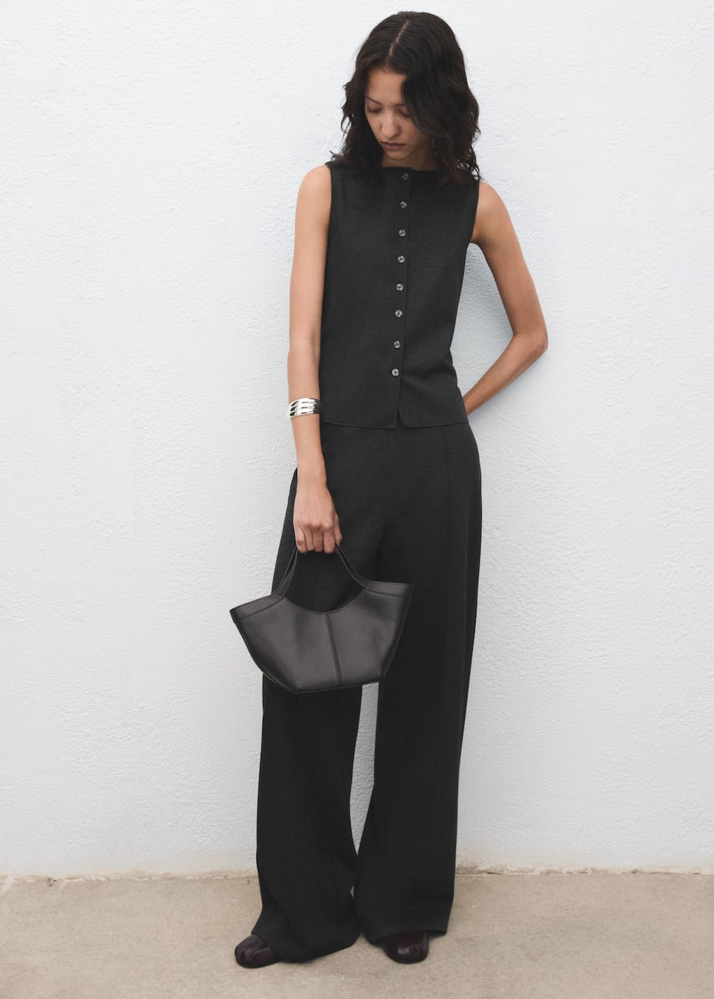 Mango Round Neck Buttoned Waistcoat Grey In Black