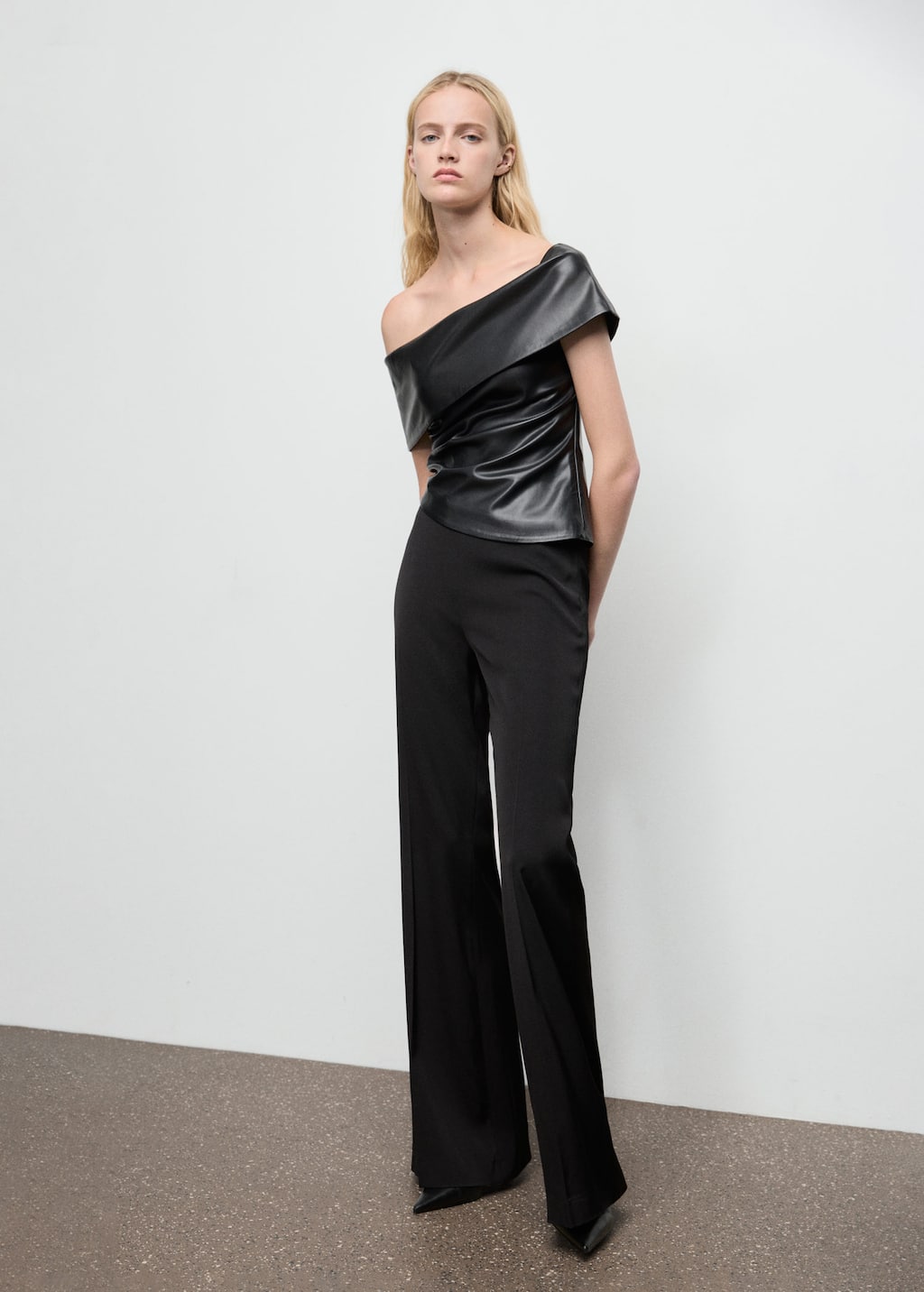 Mango Leather-effect Top With Open Shoulders Black In Black