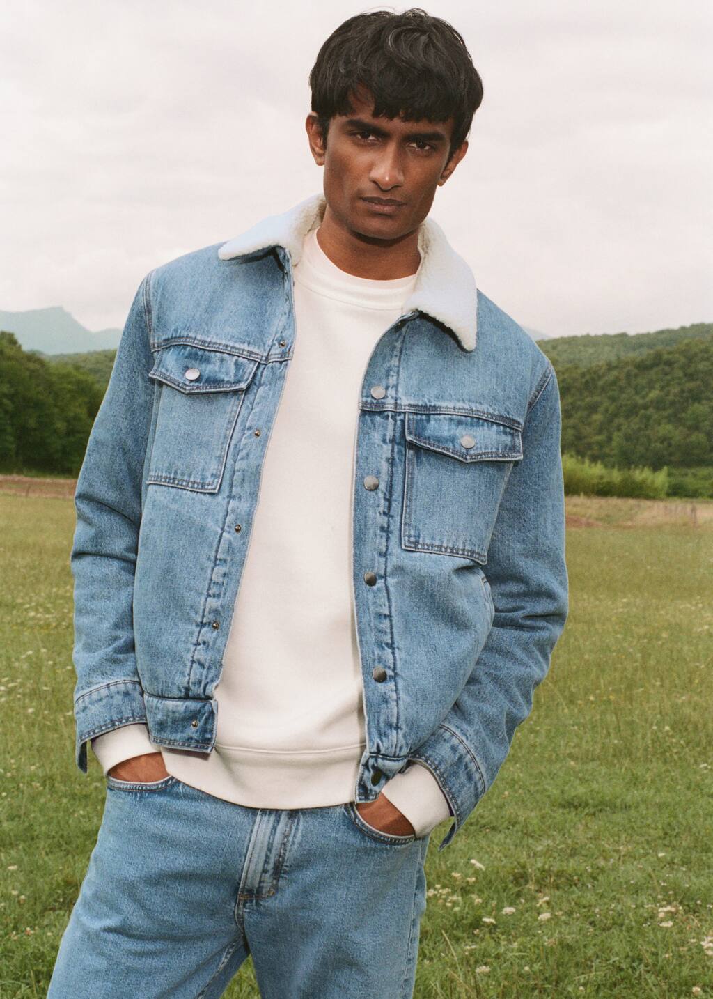 shearling lined denim jacket mens