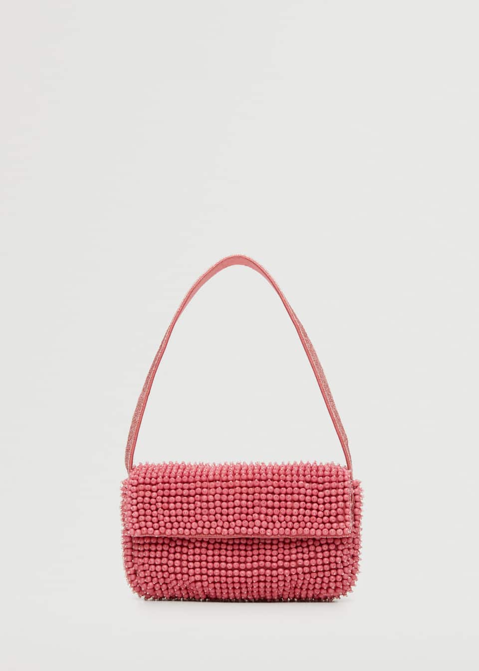 Mango Pink beaded shoulder bag in baguette style. beaded all over with small round pink beads. Short strap and Inner pocket, with a Front lapel and One button fastening. 5.51x8.27x1.97in (LengthxHeightxWidth).