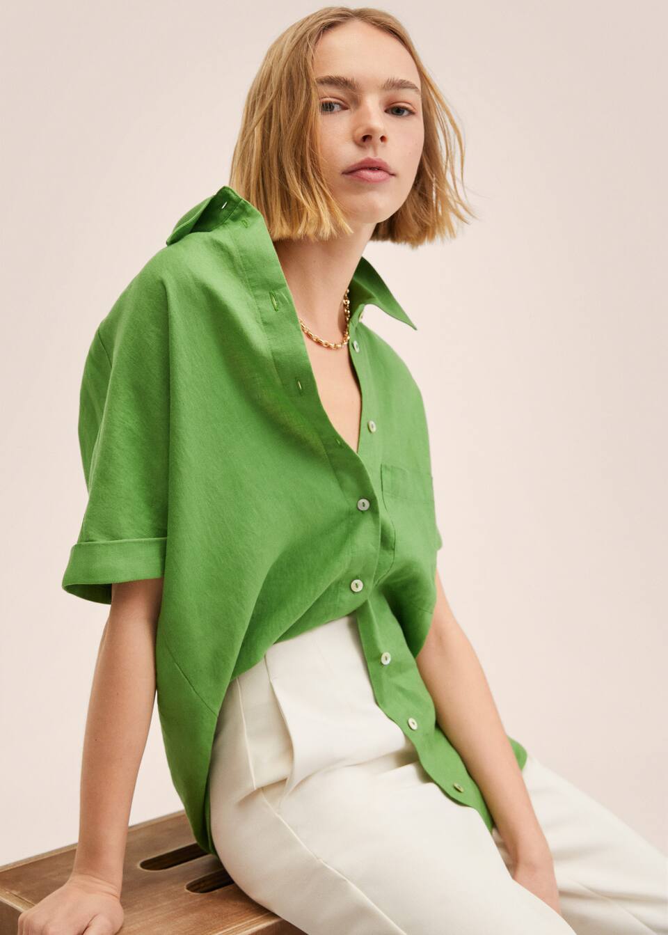 Linen-blend short-sleeve shirt - Details of the article 2