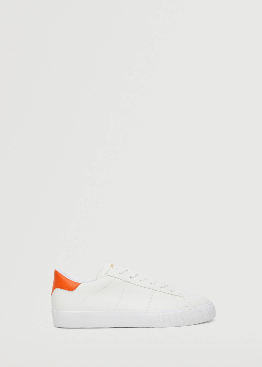 Mango Laces basic sneakers. a pair of white sneakers with orange accents. 