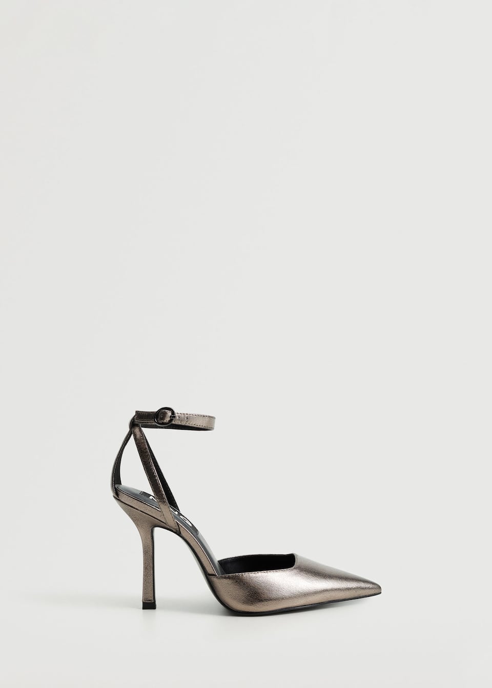 Mango silver Metallic finish Pointed heeled shoes with Ankle fastening. Stiletto 9 cm heel.