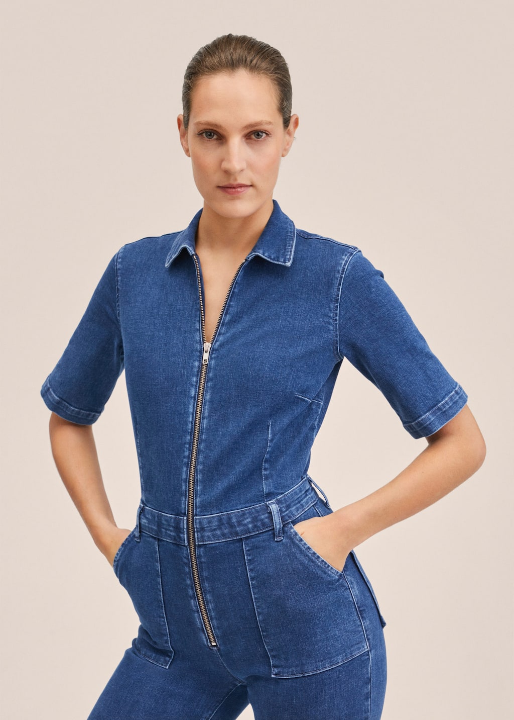 Denim jumpsuit met rits - Middenvlak
