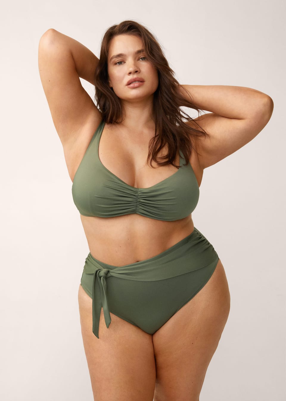 v neck khaki coloured bikini top with centre ruching detail and back hook fastening
