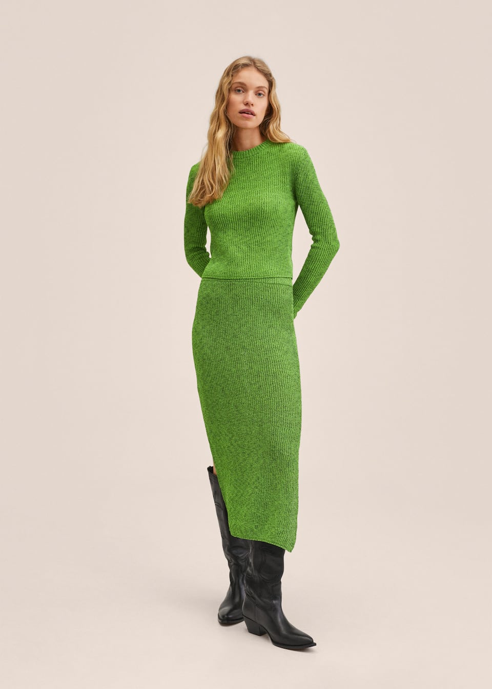 Lime Green cropped, skinny rib knit jumper with long sleeves, round ribbed neck. Matched with the coordinating knit midi skirt.