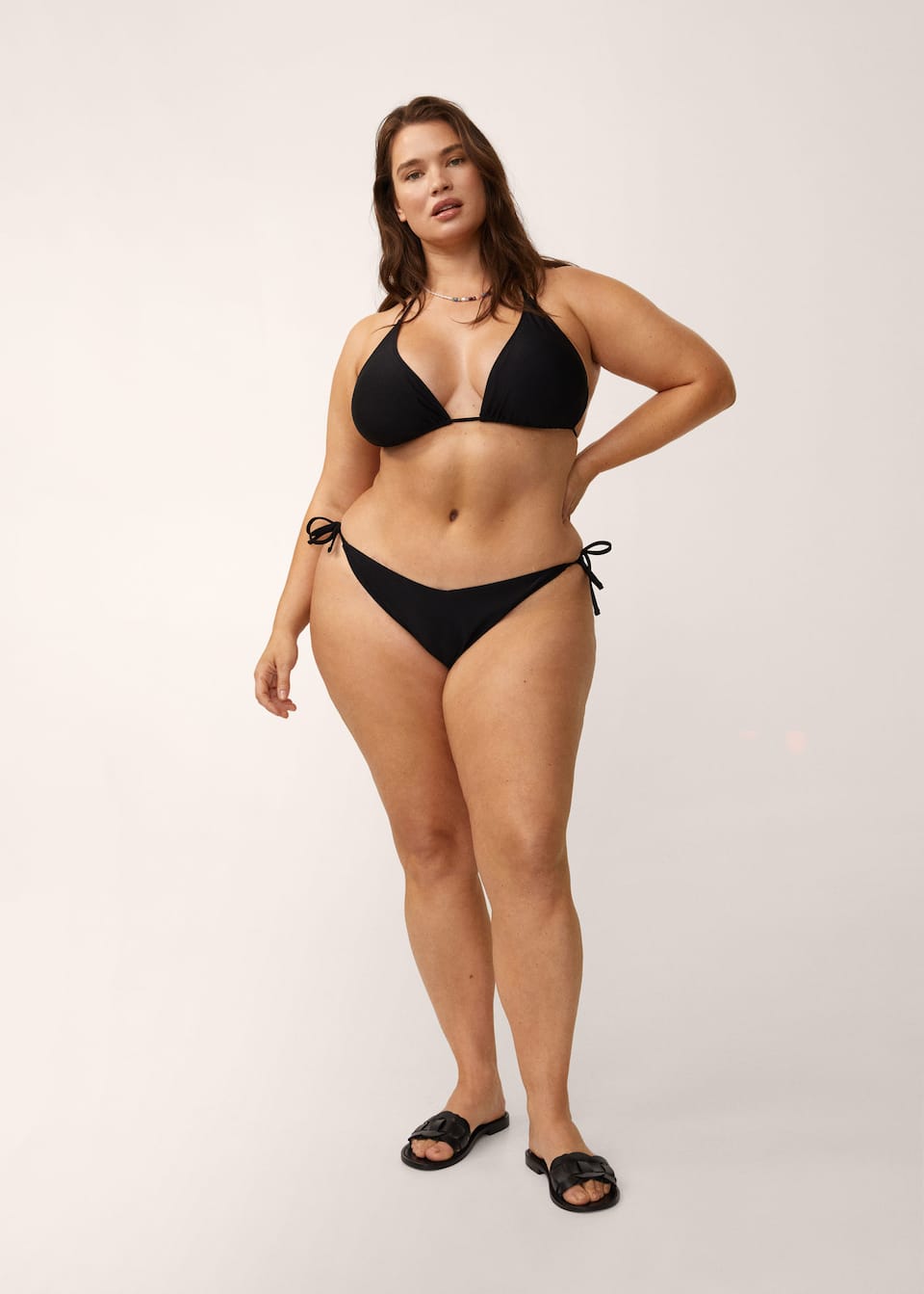Black self-tie triangle bikini top.
