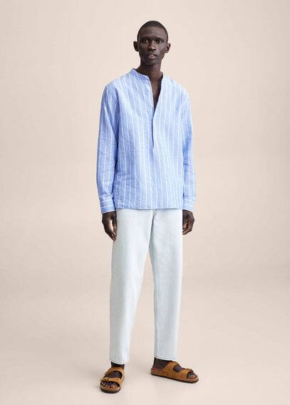 Chemise lin col mao rayures
