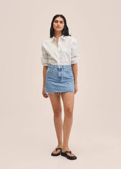 Gonna denim ricamo floreale