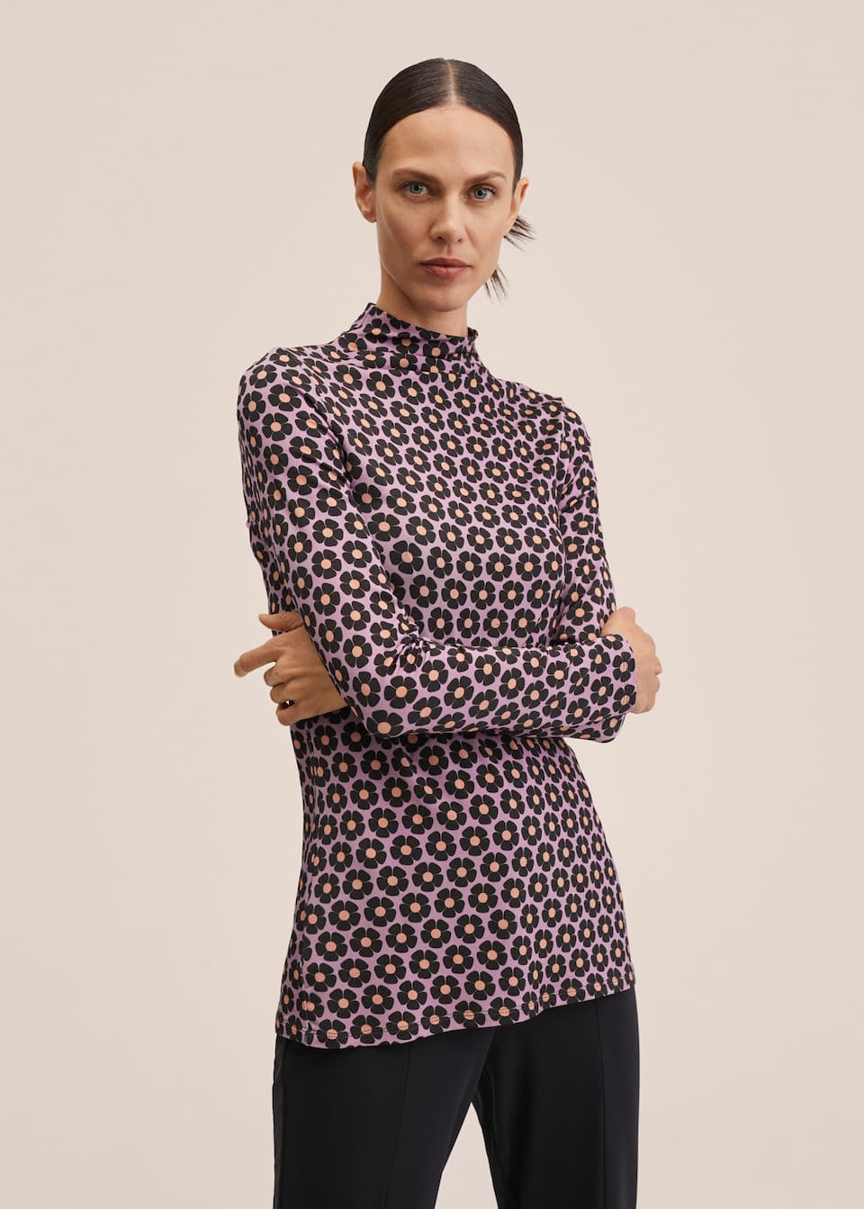 Mango retro floral printed mock neck, long sleeve top in mauve base.