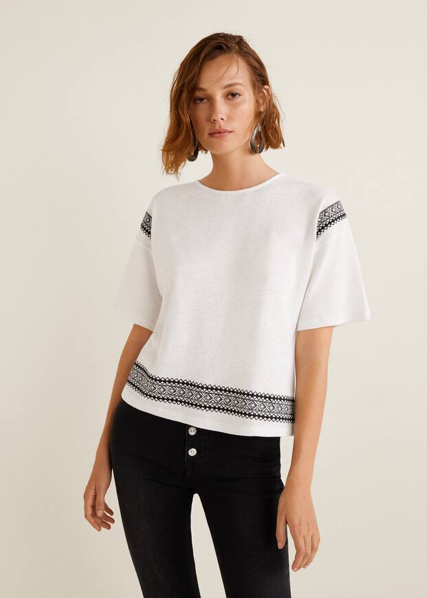 자수 리넨 혼방 티셔츠