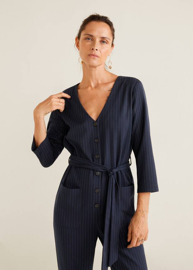 스트라이프 롱 점프수트