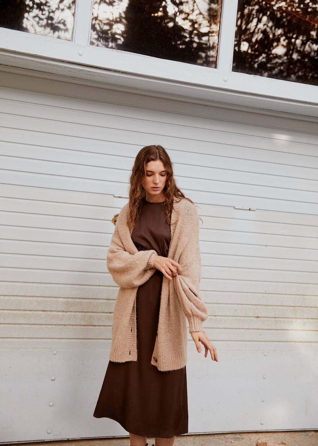 brown ruched midi dress