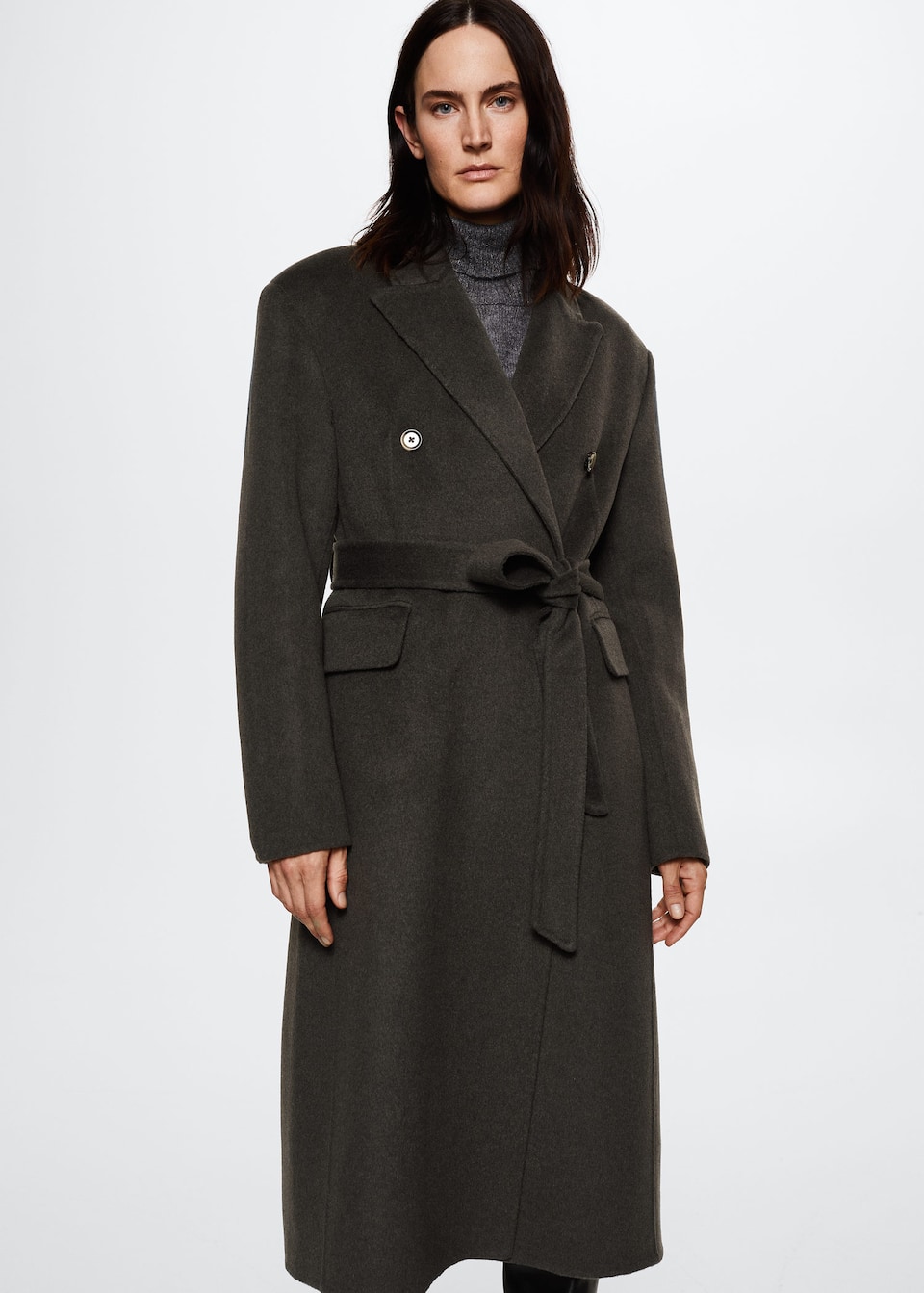 Mango premium wool coat with handmade belt. Dark olive green, double breasted, front welt pockets and hand tied belt.