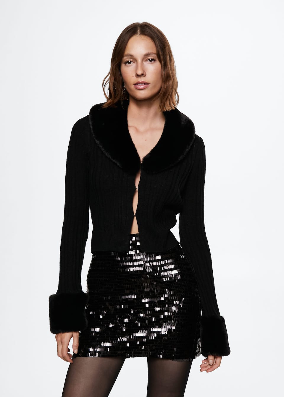 Mango black Sequinned mini skirt. Short mini design with Invisible lateral zip fastening and Inner lining. Party and events collection.