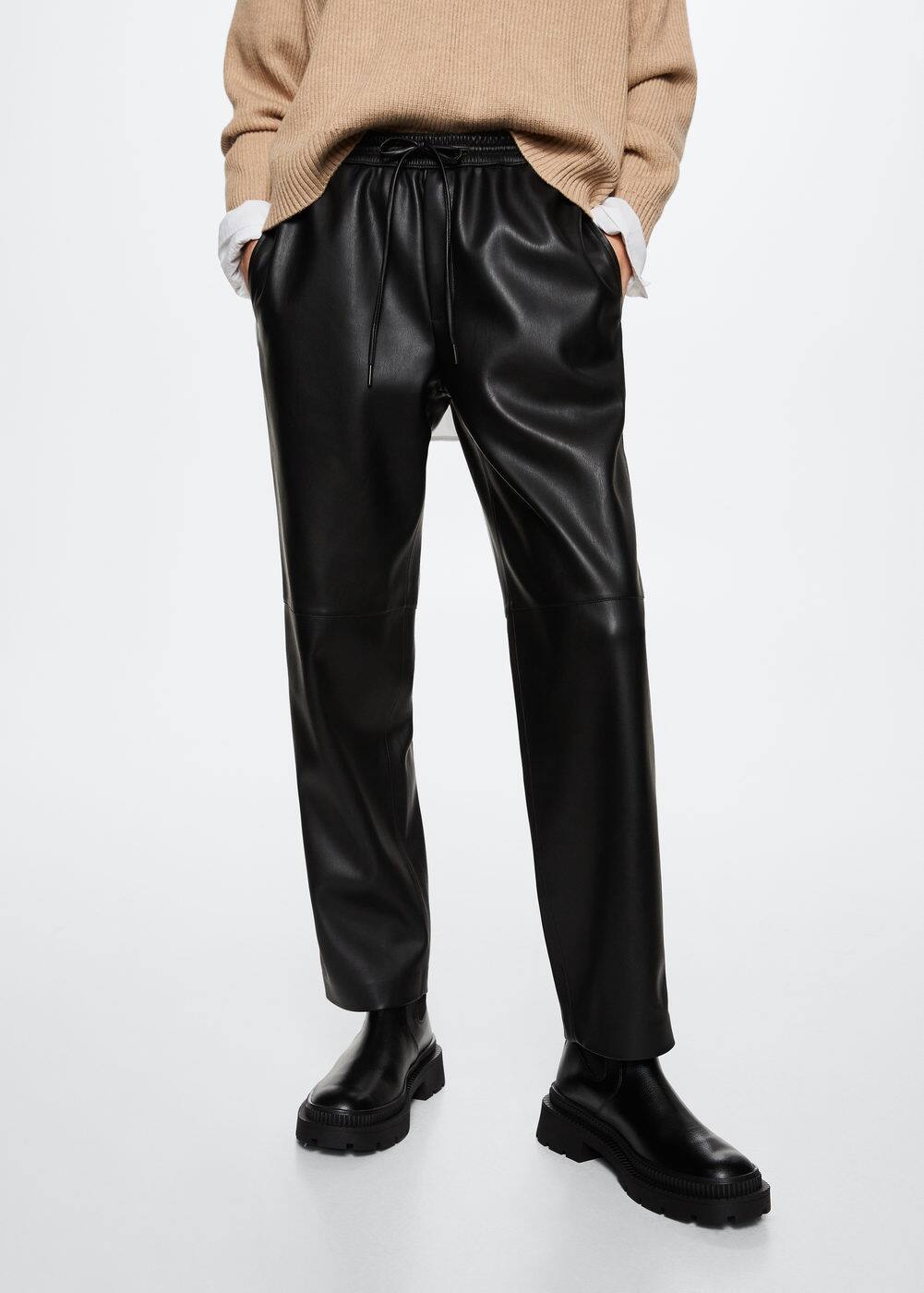 Leather-effect elastic waist trousers -  Woman | Mango Canada