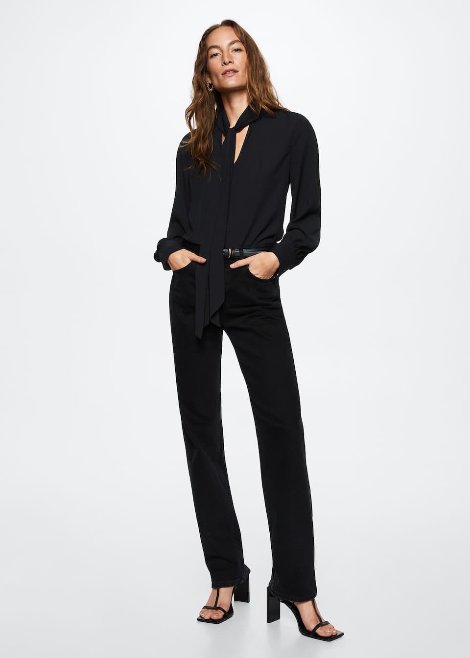 Mango committed collection black Flowy fabric tie-neck pussy bow blouse with long sleeves and a relaxed fit.